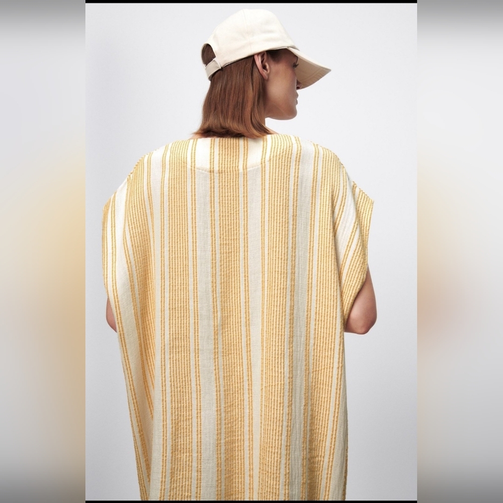ZARA Boho Striped Tunic Dress Fringe Hem Beach Cover Up Yellow Size M - Picture 4 of 6